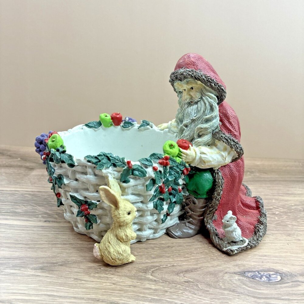 Vintage Santa Basket Candy Dish with Rabbit Birds Christmas Holiday Decor